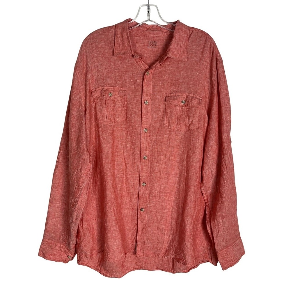 Ocean & Coast 100% Linen‎ Shirt Men's XL Roll Tab Sleeve Button  Front Red Pink